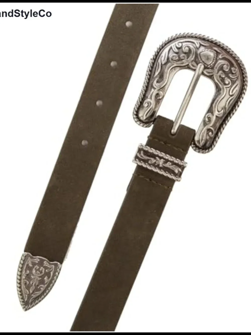 Women's Cow Suede Leather Western Belt with Engraved Antique Nickel Buckle, 1